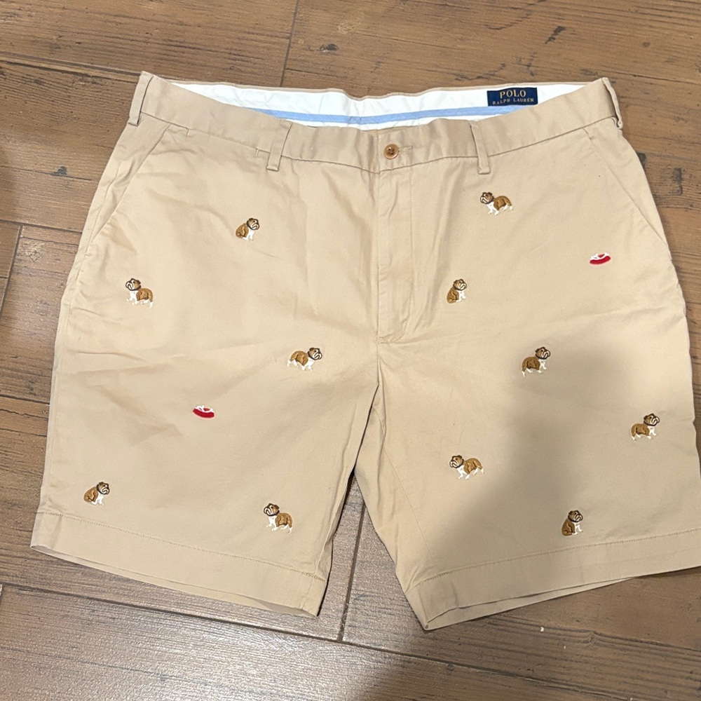 Polo by Ralph Lauren Tan Bulldog Embroidered Chino Shorts with Red Lip Accent